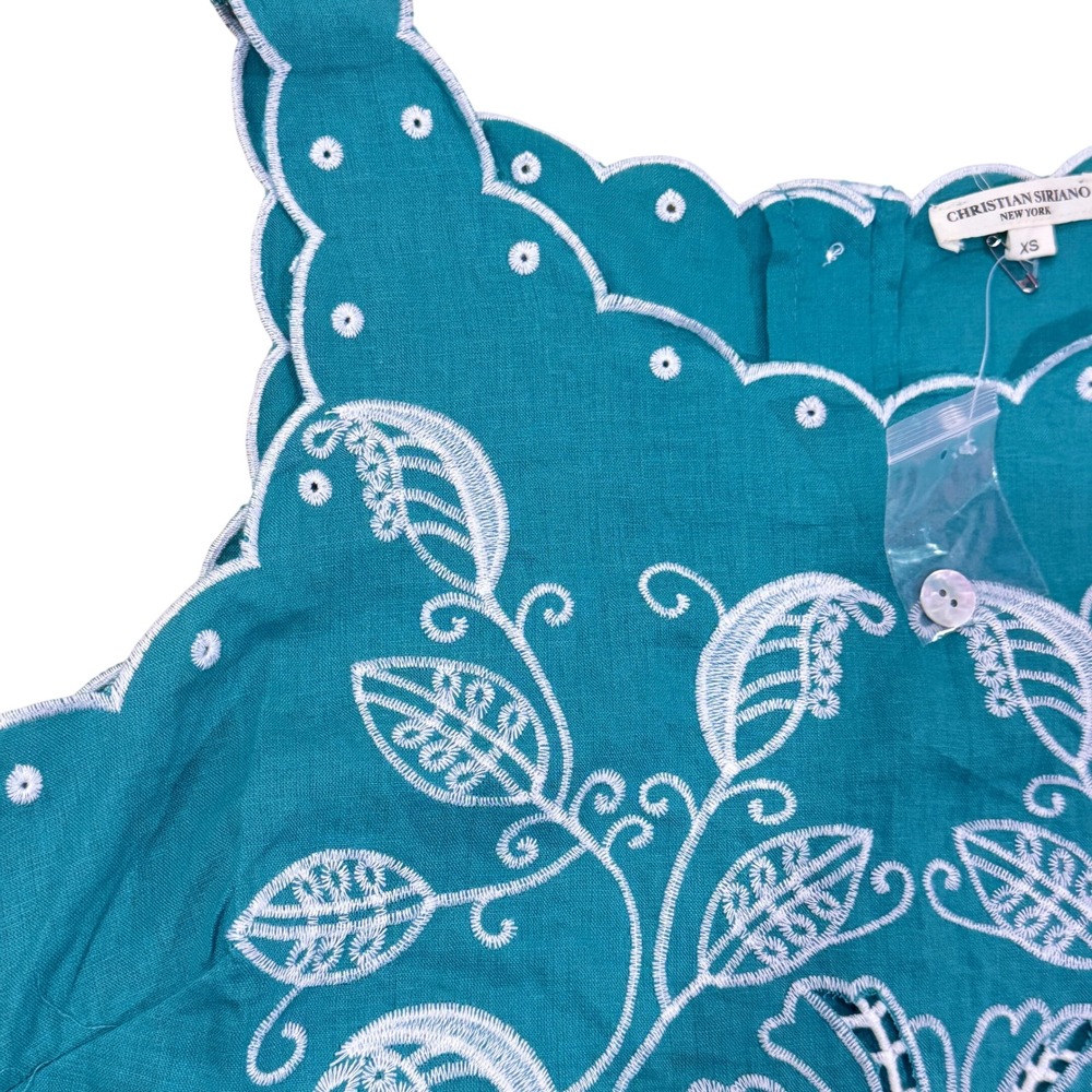 Christian Siriano Women Teal Embroidered Linen Blend Crop Top Size XS - Picture 3 of 8